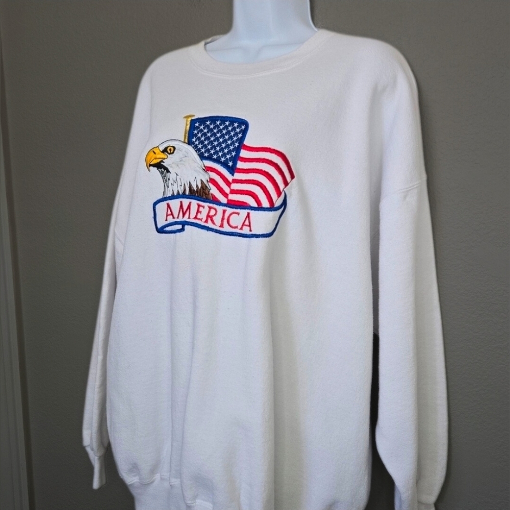 BWear 90s USA Embroidered Eagle America Patriot White Sweatshirt Size 2XL - Picture 4 of 16